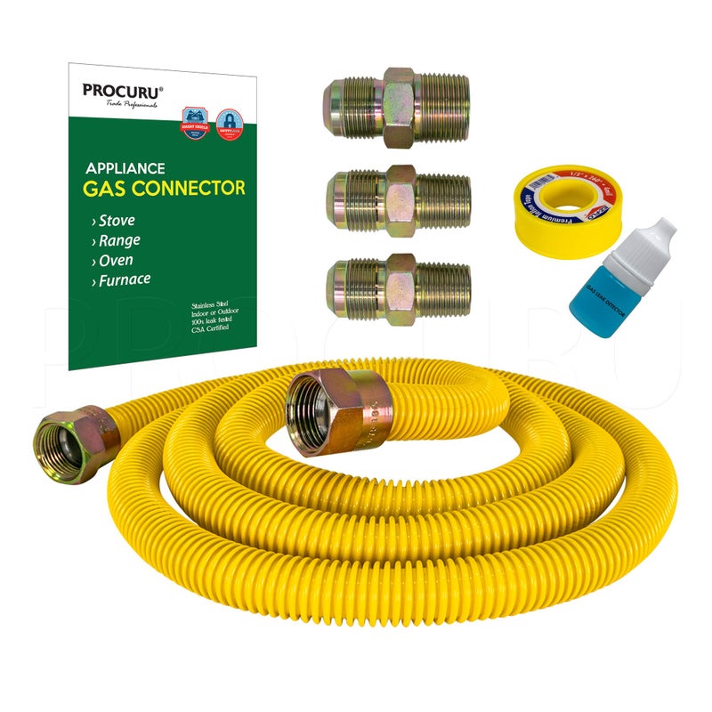 PROCURU 5/8" OD x 72" (6Ft) Universal Flexible Gas Connector Kit, Weatherproof Stainless Steel Pipe, SafeGuard Yellow-Coated, for Stove, Range, Furnace (Green-A1 Series) - Image 1